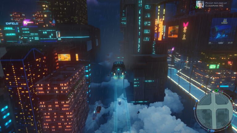 Cloudpunk flying through Nivalis in the rain